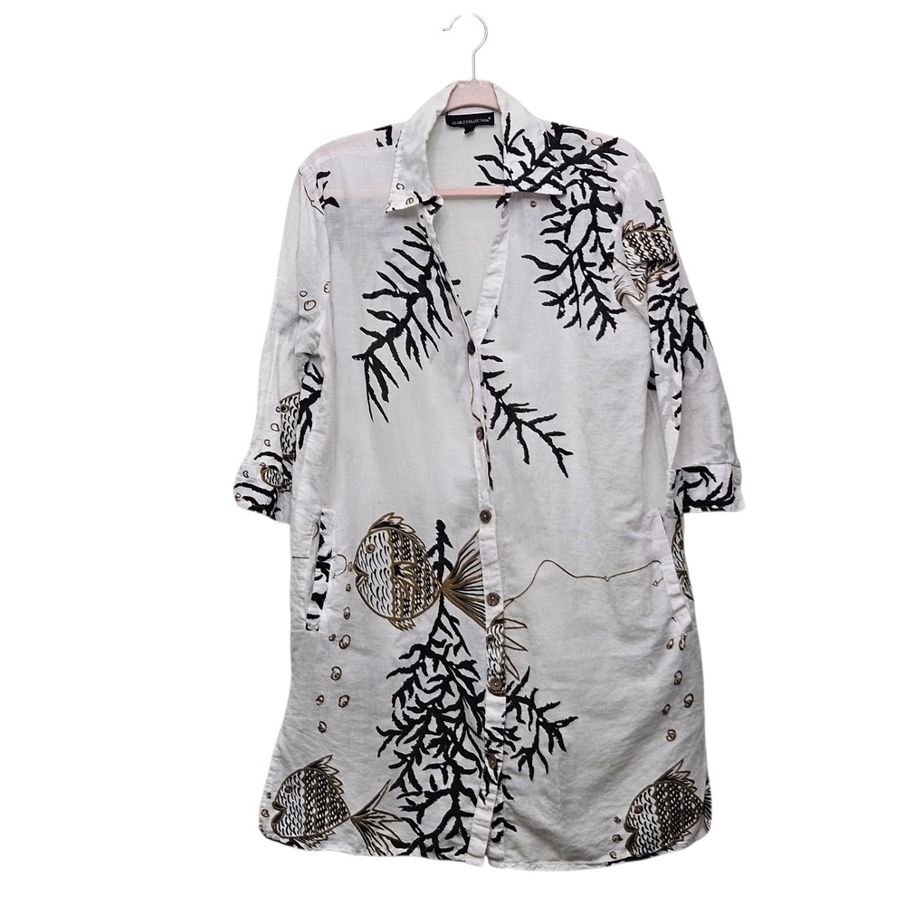 Club Z‎ Collection White Cotton Fish Coral Button Up Shirt Dress M Swim Cover Up